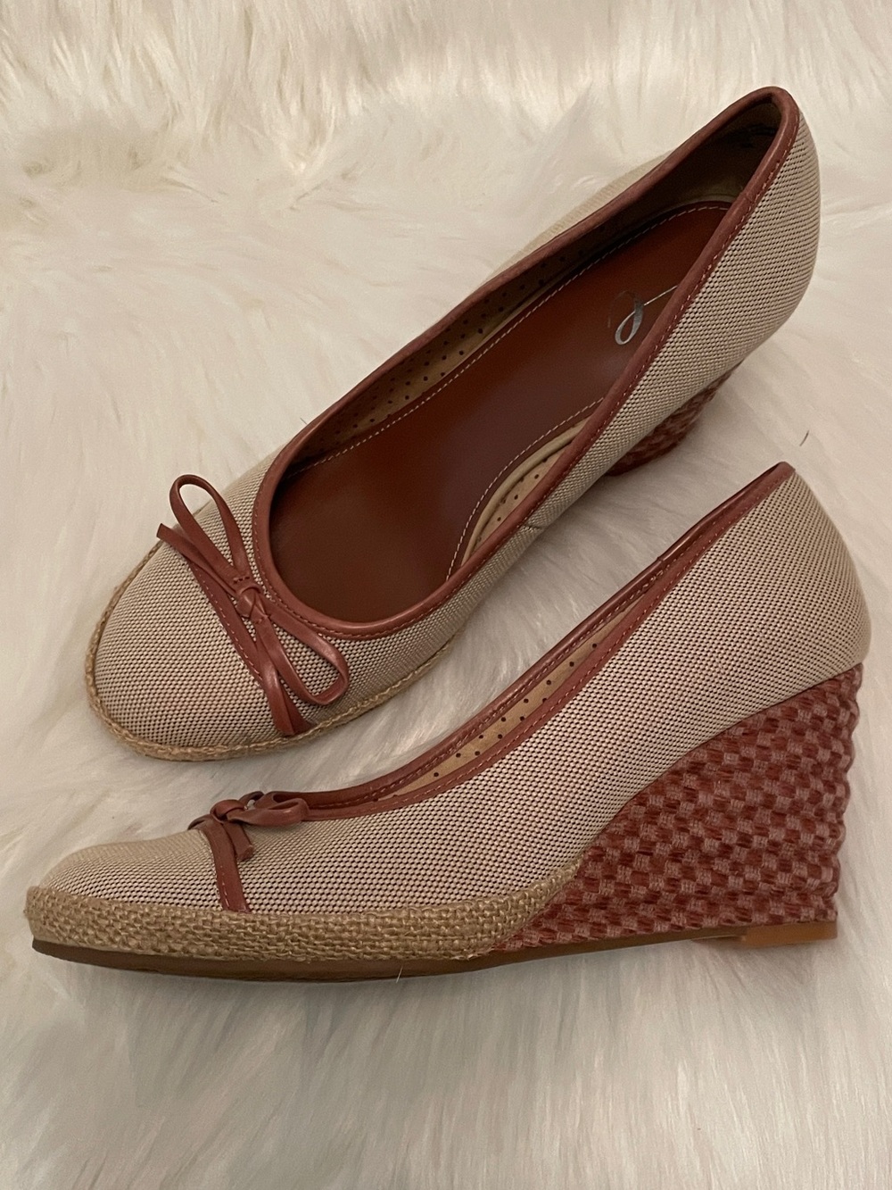 Easy Spirit - Beige Canvas Espadrille Wedge with Brown Trim - 7